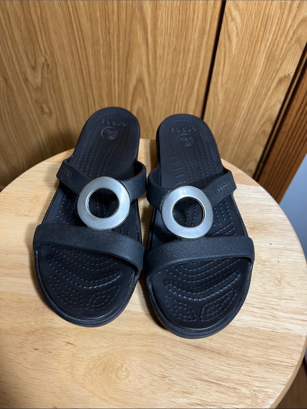 CROCS Black Slide Sandals with Large Silver Ring